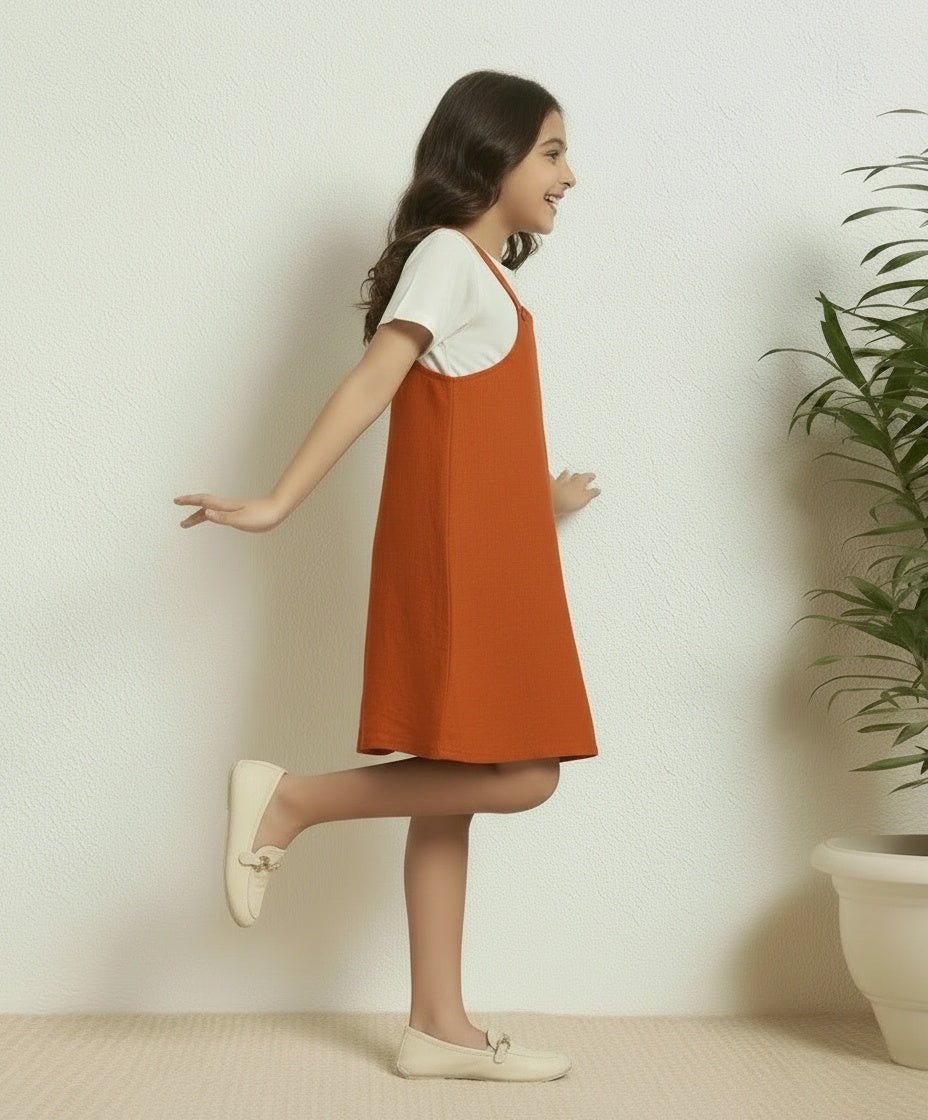 SHORT TOP WITH KNEE-LENGTH DUNGAREE DRESS