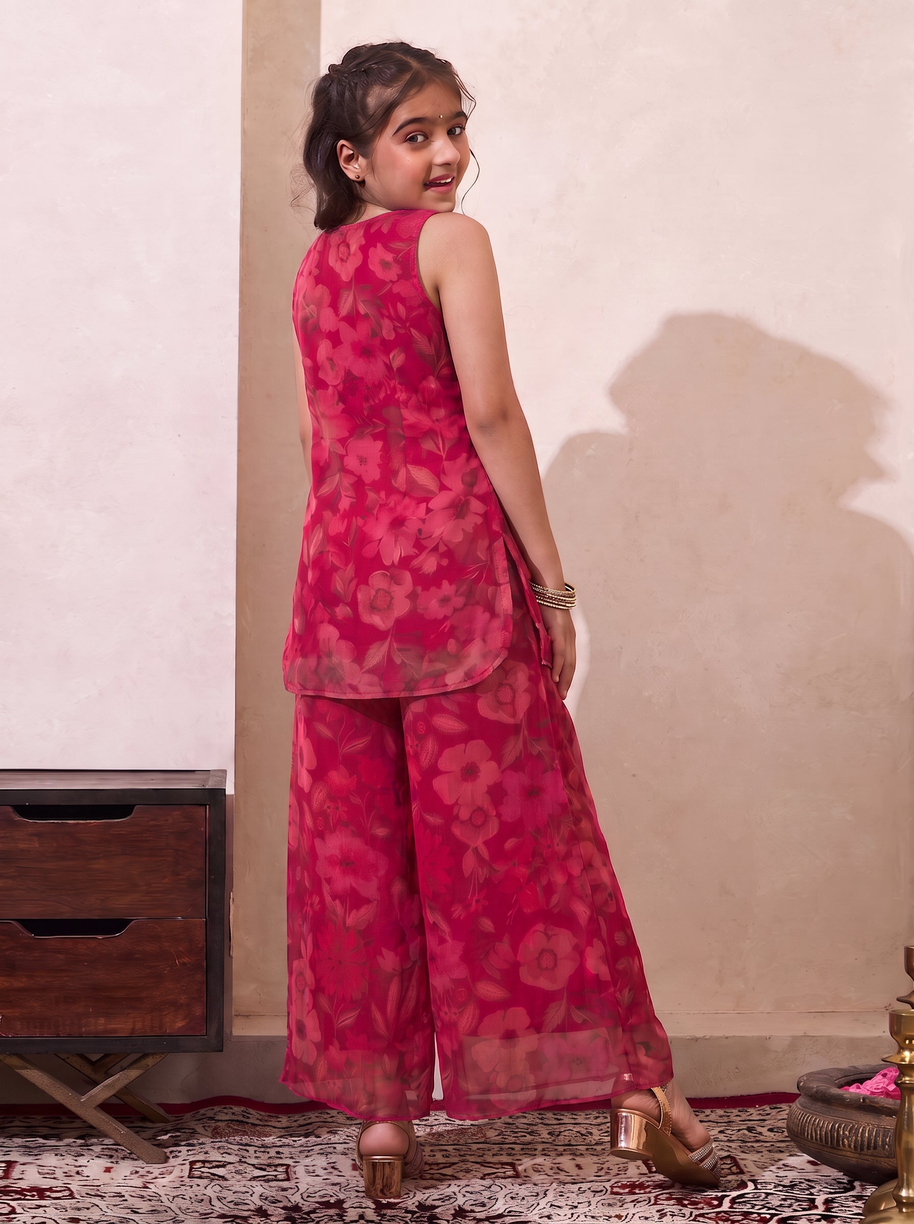 Magenta Floral Print Chiffon Angrakha & Palazzo Set