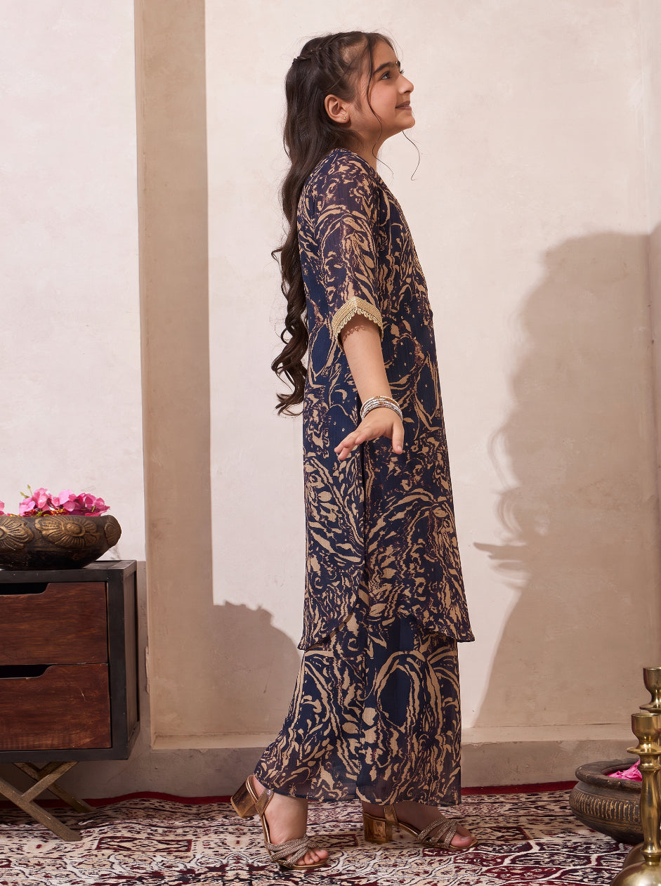 Black Abstract Print Chiffon One Shoulder Kurta With Palazzo