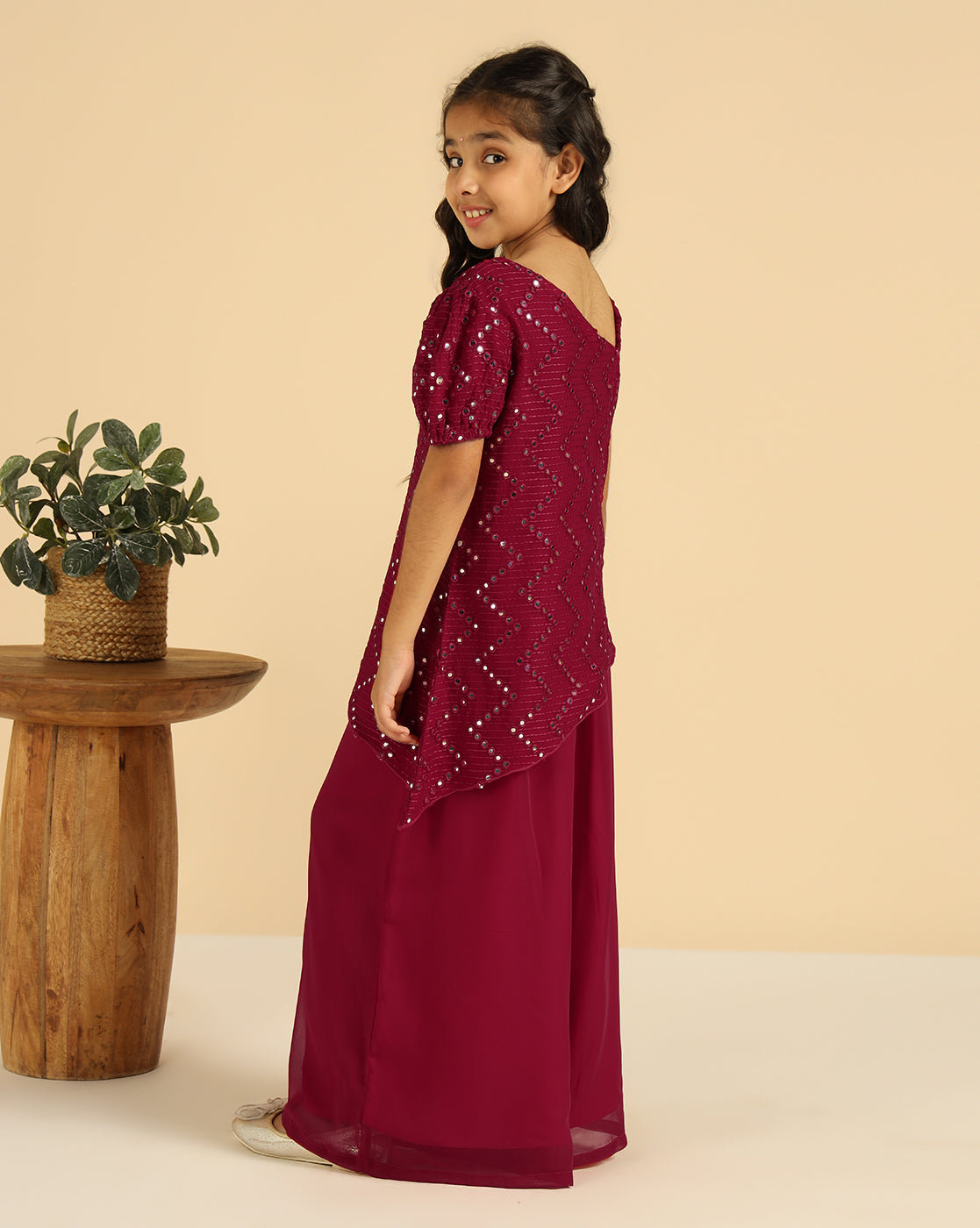 Magenta Embroidered One Shoulder With Palazzo Girls Co-Ord Set