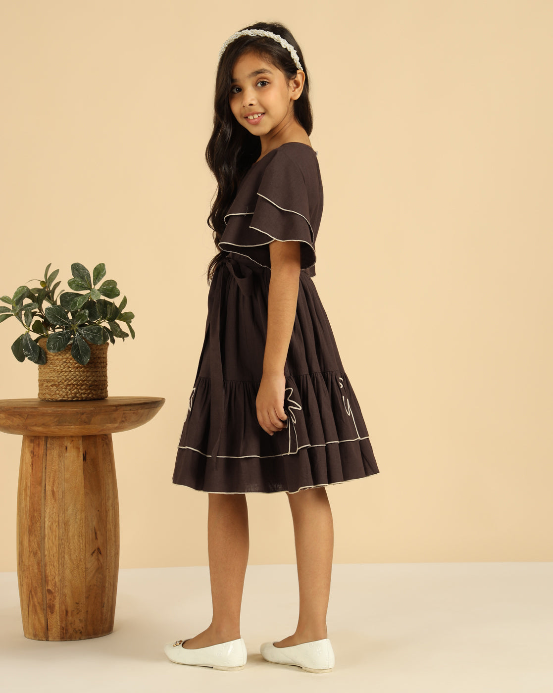 Brown Embroidered Palm Motif Pure Cotton Girls Dress