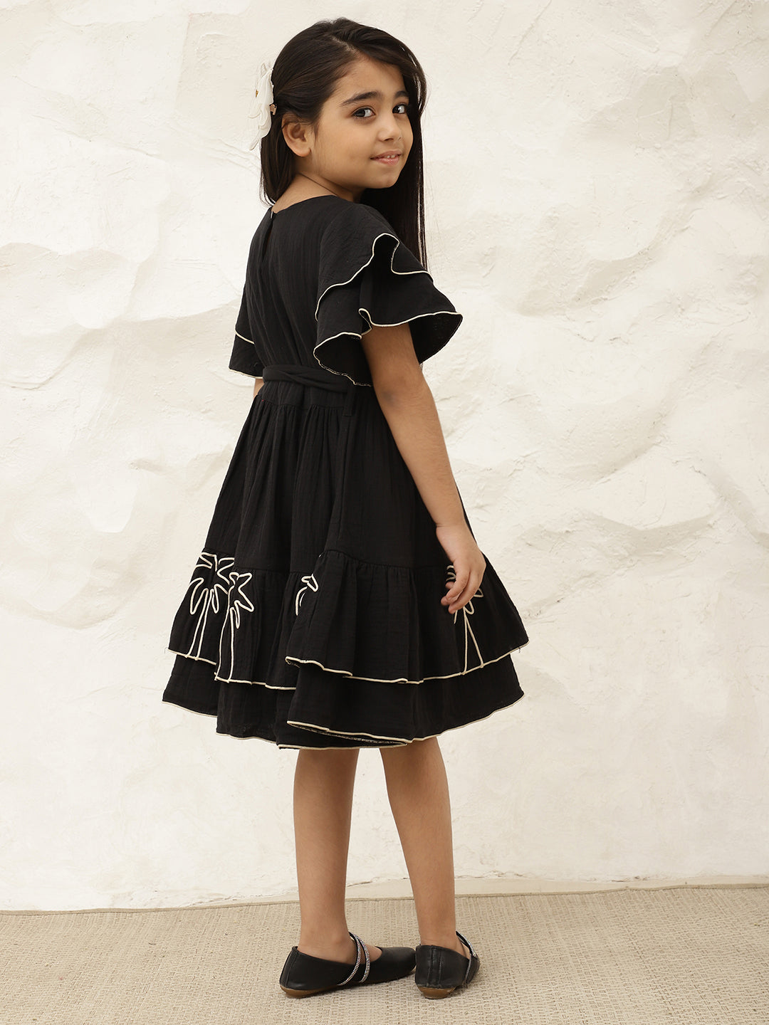 Embroidered Palm Motif Pure Cotton Gauze Dress For Girls