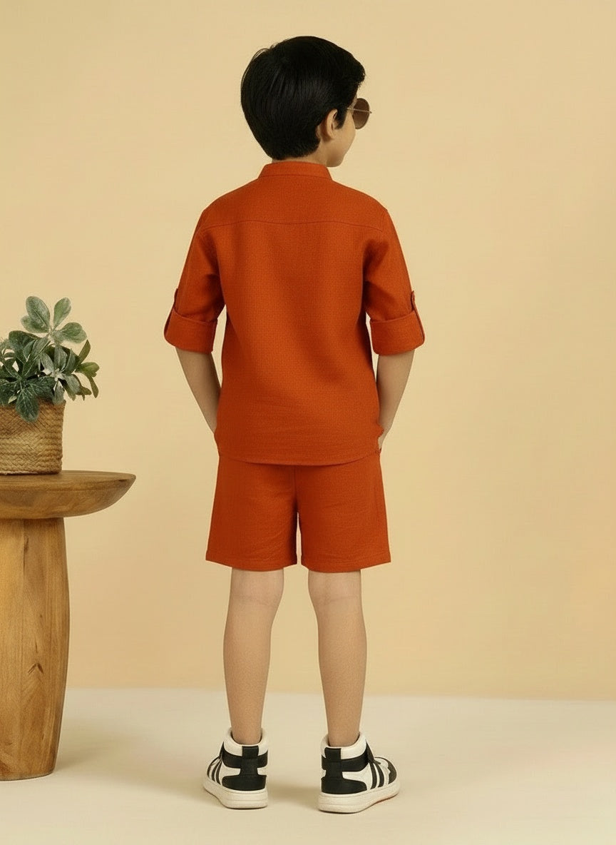 Orange Cotton  Mandarin Solid Short Kurta With Shorts Co-ord Set