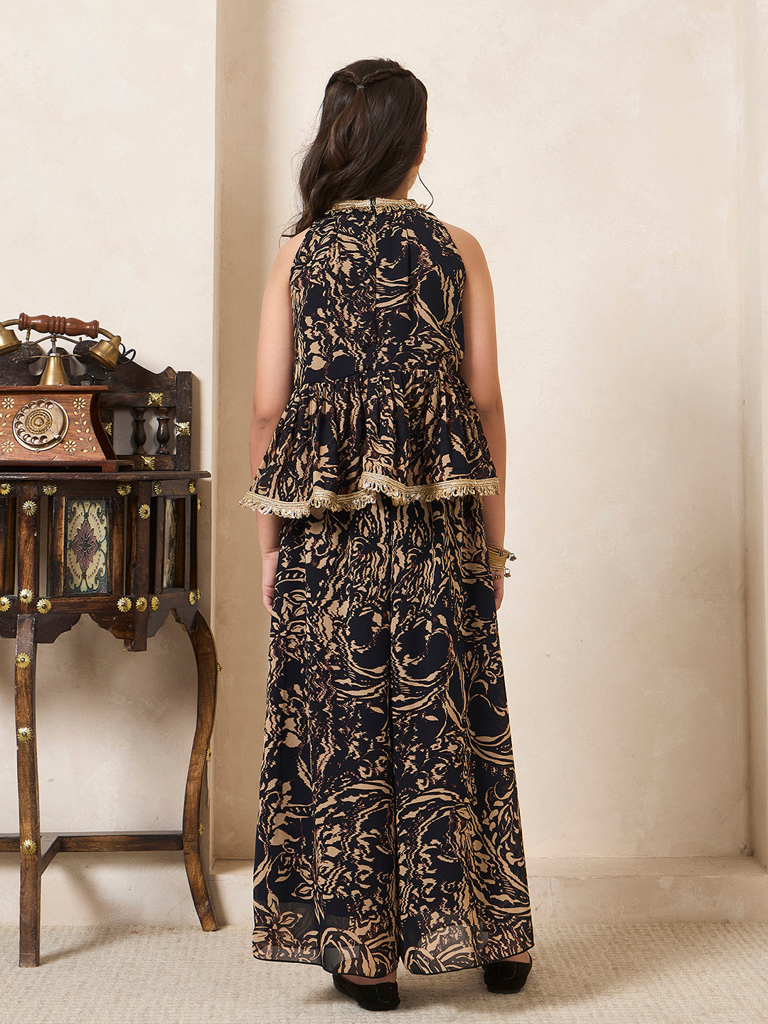 Girl's Black & Beige Abstract Print Chiffon Peplum Top & Palazzo Set