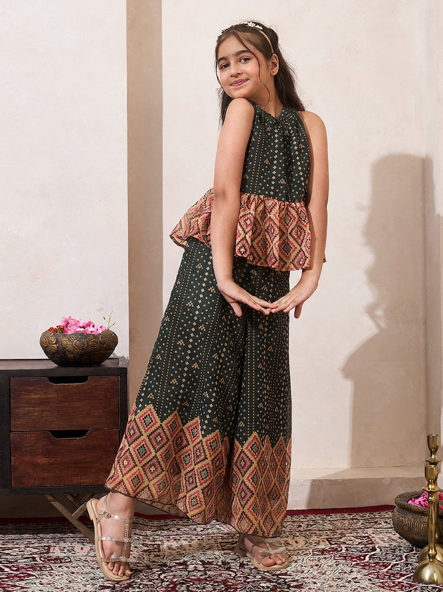 Girl's Black Bandhani Border Chiffon Peplum Top & Palazzo Set