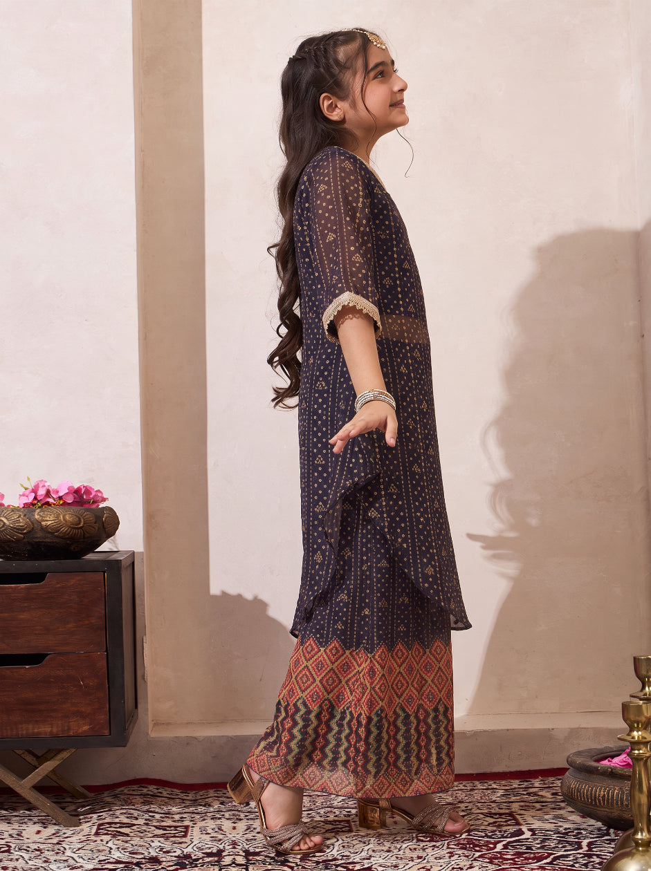Black Bandhani Border Chiffon One Shoulder Kurta With Palazzo