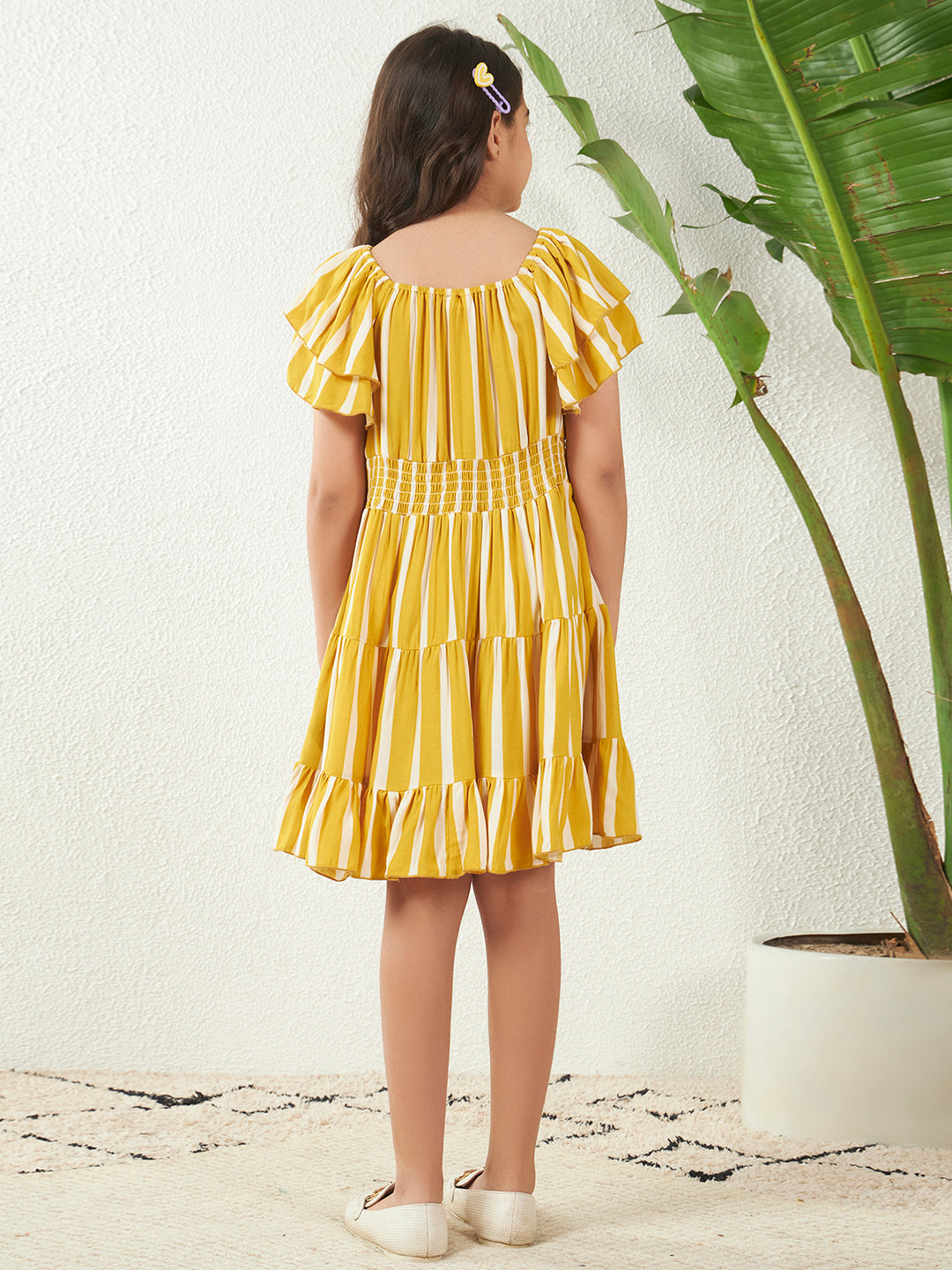 Rayon Yellow Bell Sleeves Striped Tiered Knee Length Dress