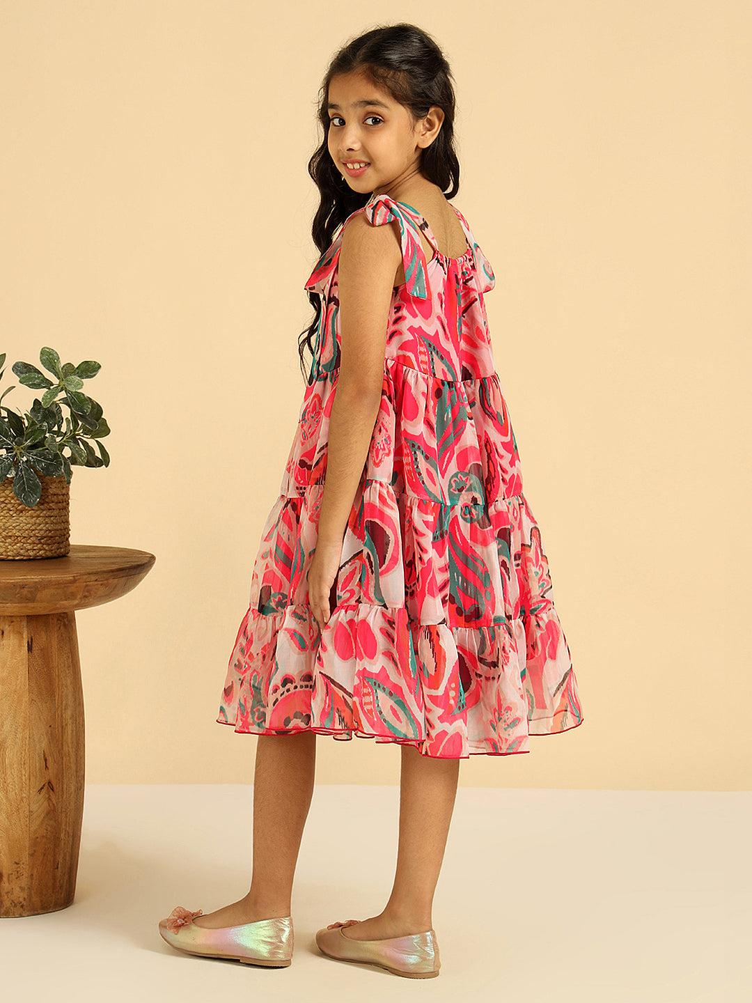 Organza Abstract Printed Tiered Girls Dress