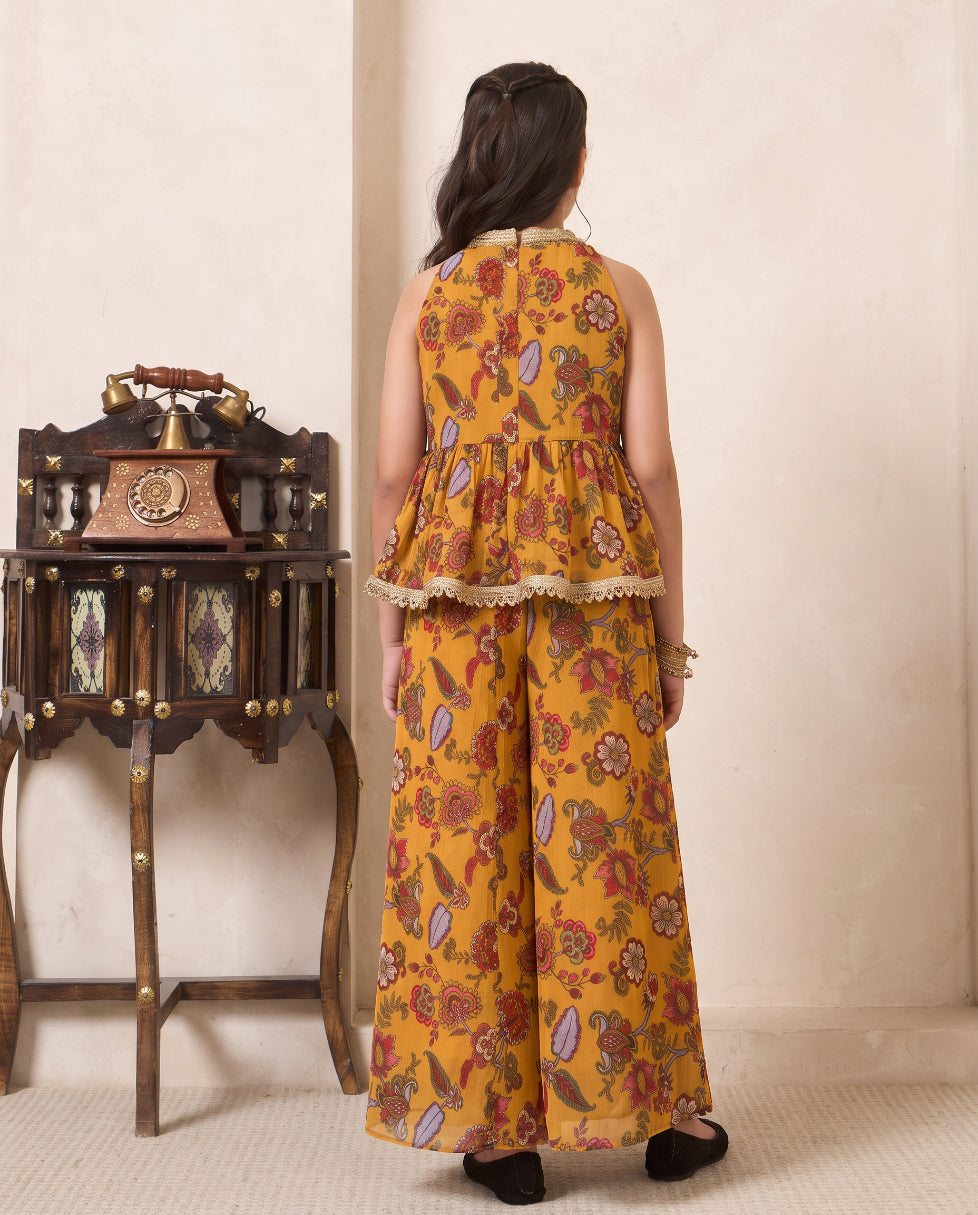 Girl's Mustard Paisley Print Chiffon Peplum Top & Palazzo Set