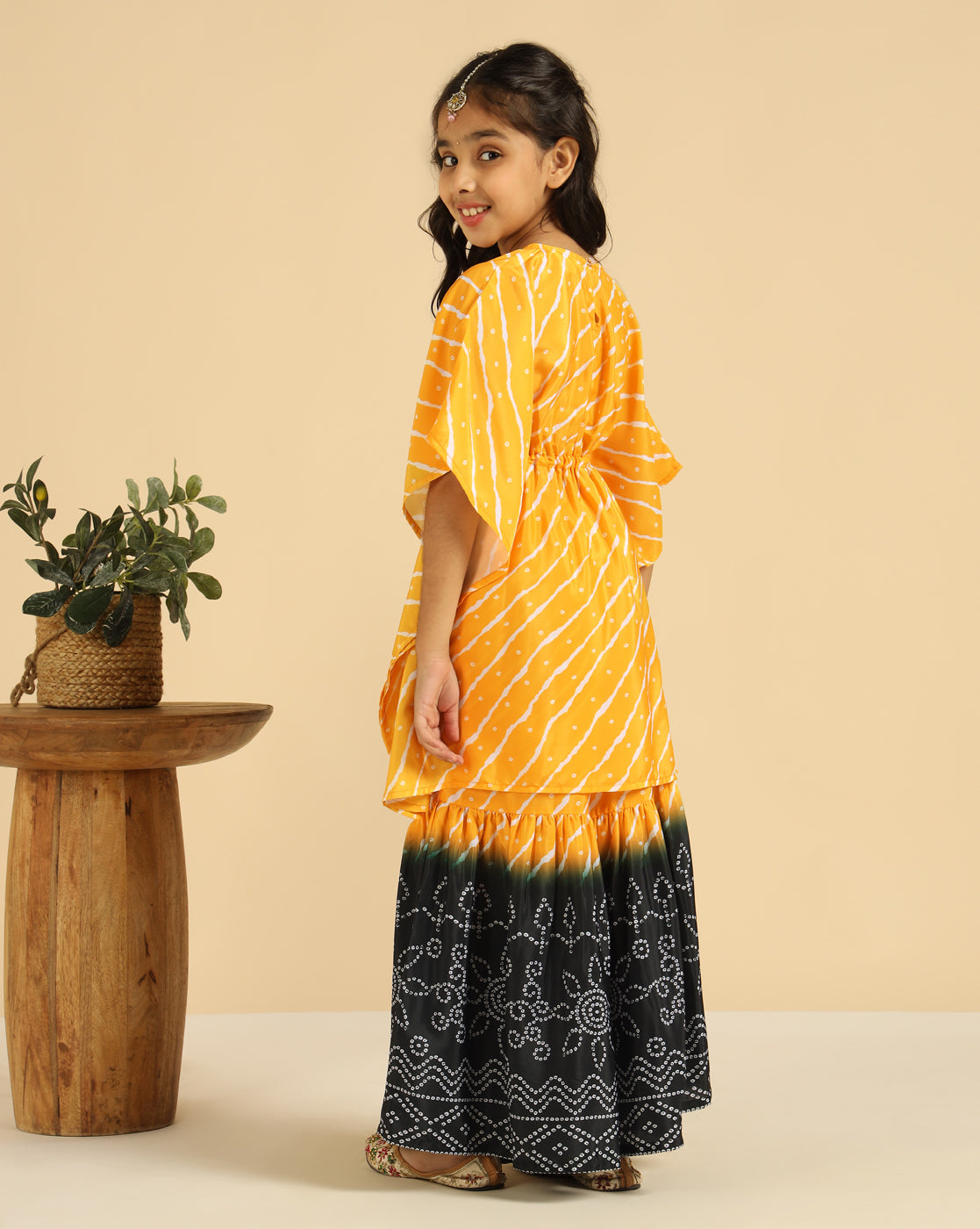 Yellow Striped Kaftan With Sharara Indo Western Girls Co-Ord Set