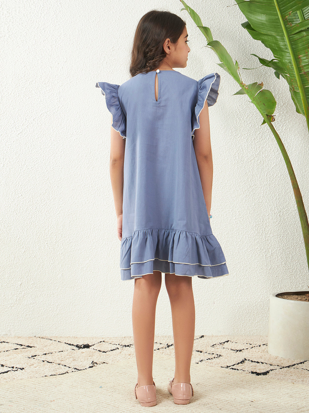 Girls Slate Grey Cotton Poplin Floral Dori Work A-Line Dress