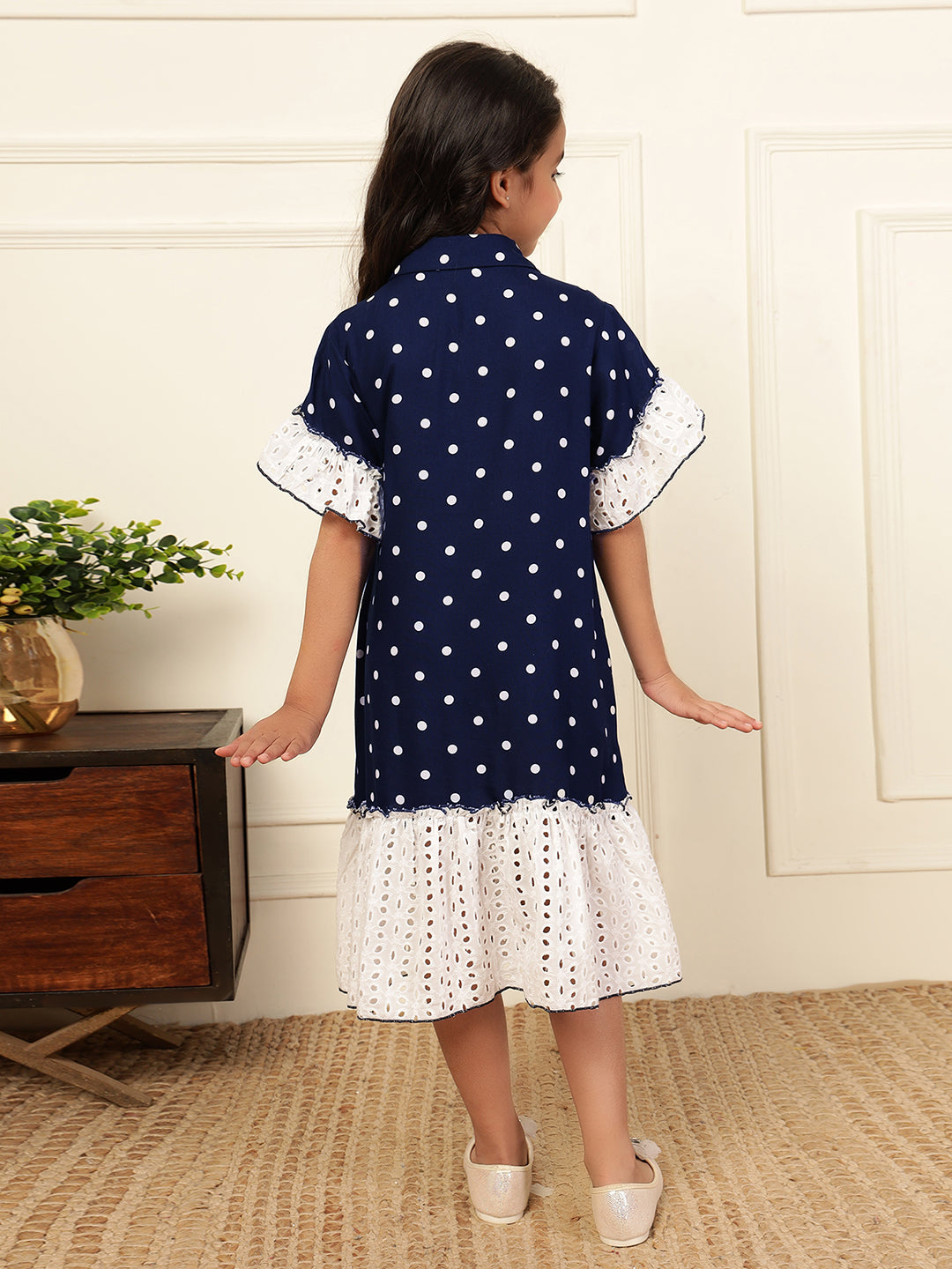 Polka Dot Loose-Fit Schiffli Tiered Shirt Dress