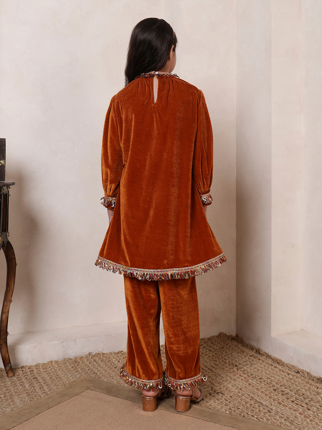 Mustard Velvet Band Collar Kurta Set