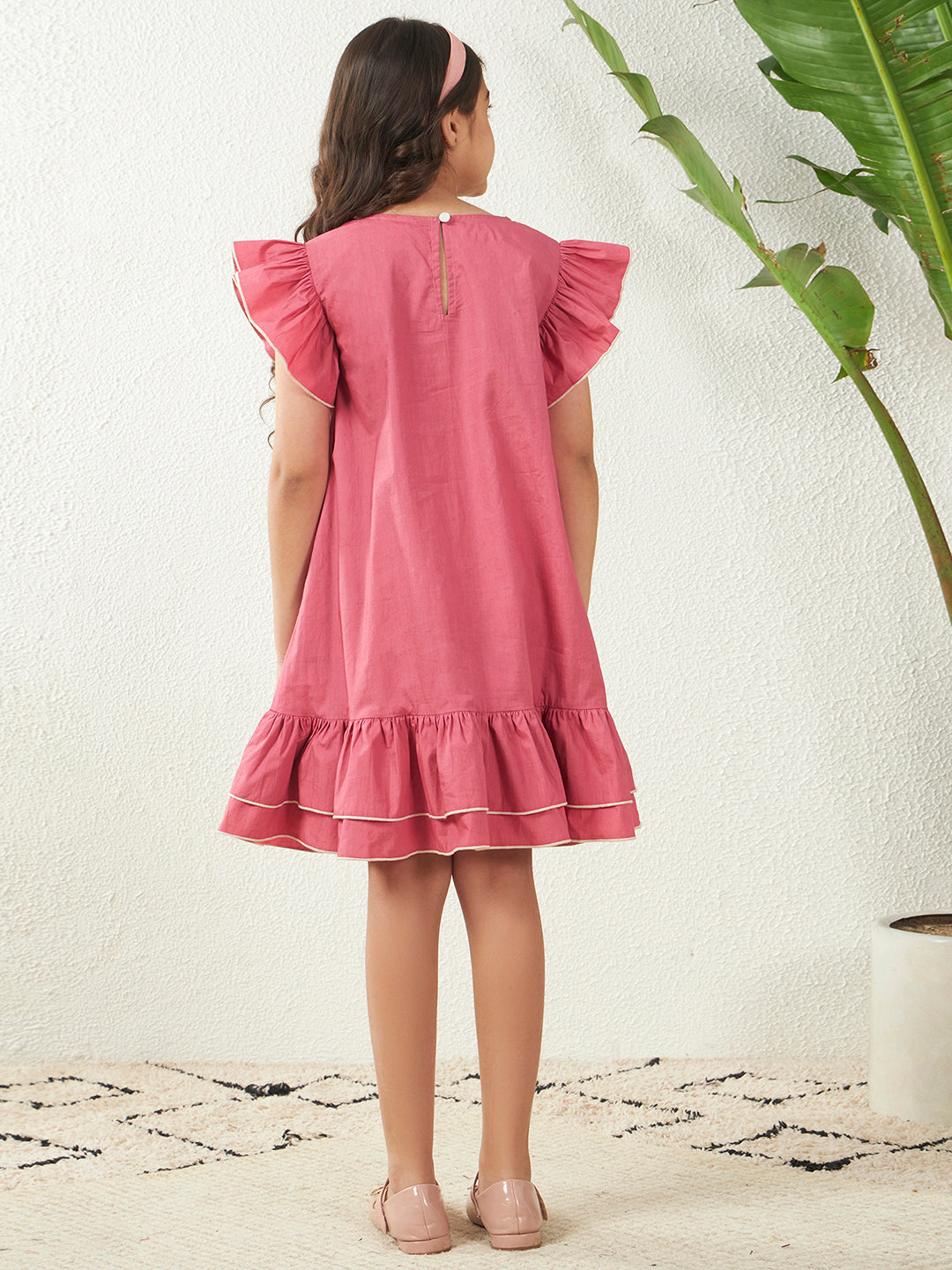 Girls Pink Cotton Poplin Floral Dori Work A-Line Dress