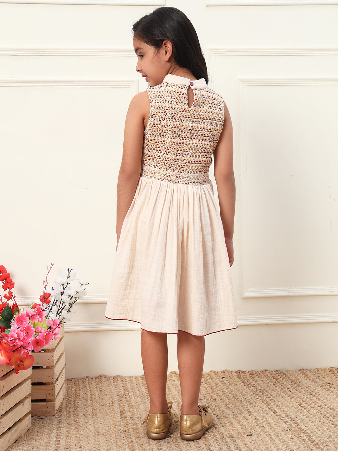 Knee Length Colorful Smocking Dress