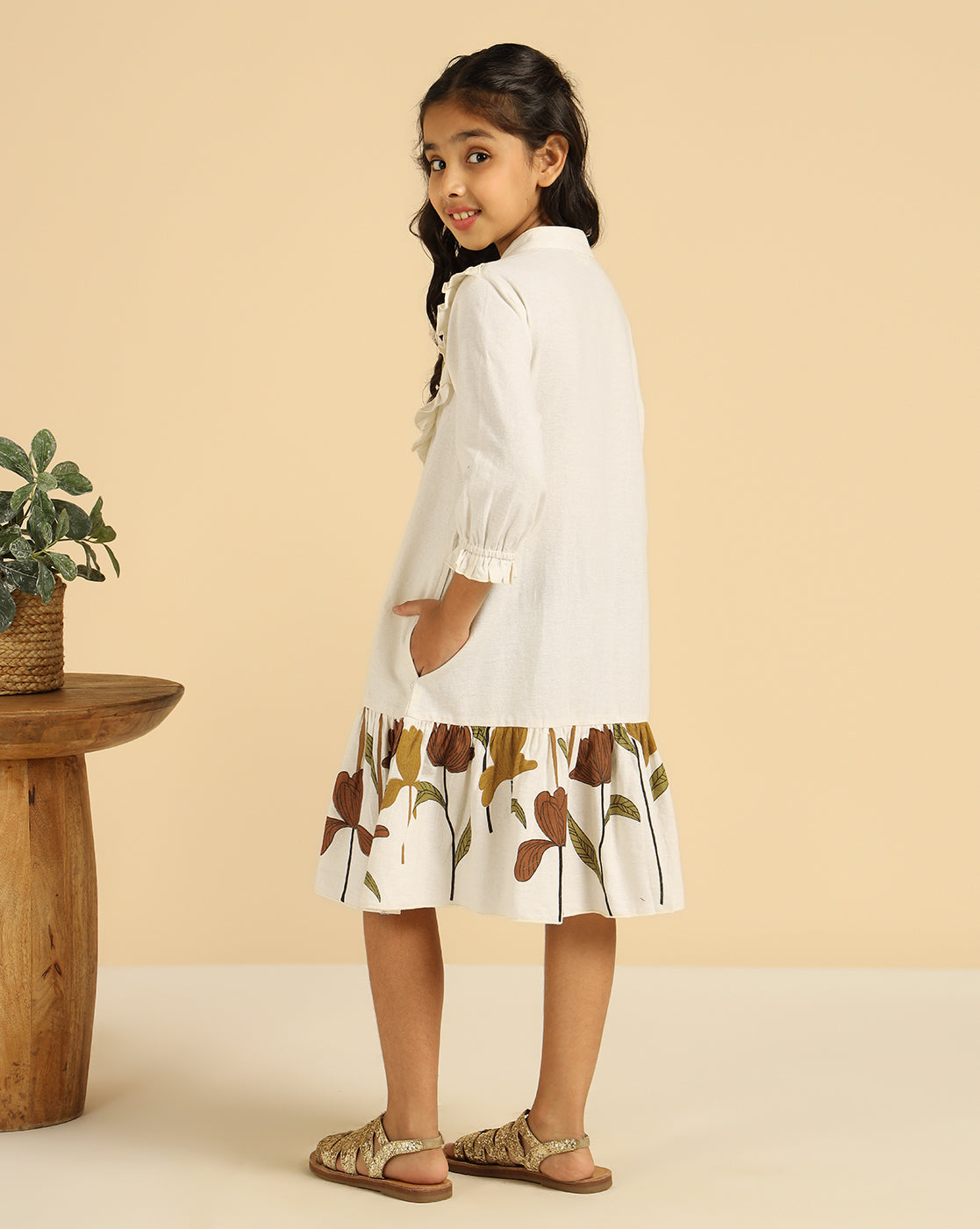 Off White Pure Cotton Floral Printed Girls Tiered Shirt Dress