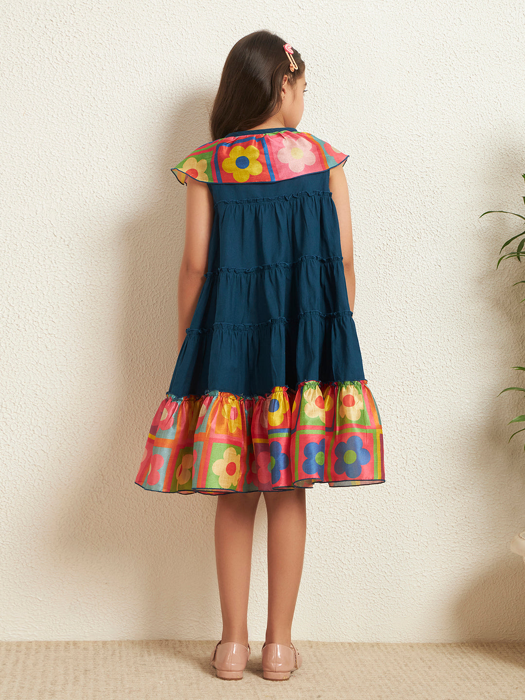 Girl's Teal Blue Cotton Flex Solid With Print Shirt Style Tiered Dress