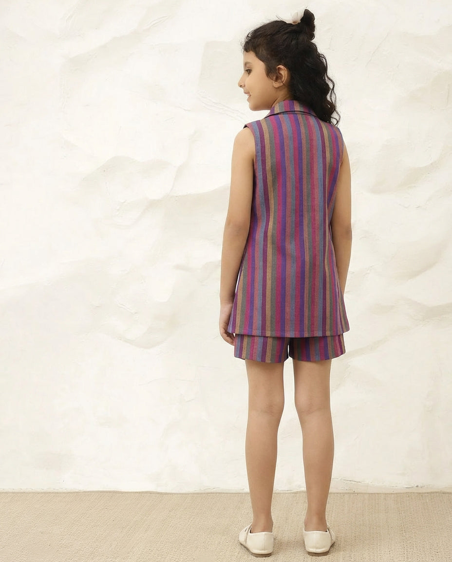 Multi Striped Cotton Blazer With Shorts Girl Co-ord Set