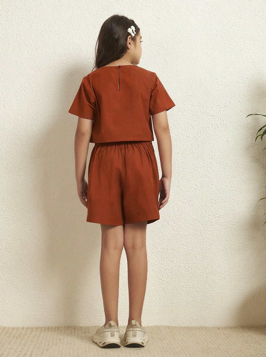 Tan Brown Cotton Poplin Solid Round Neck Girls Co-Ord Set