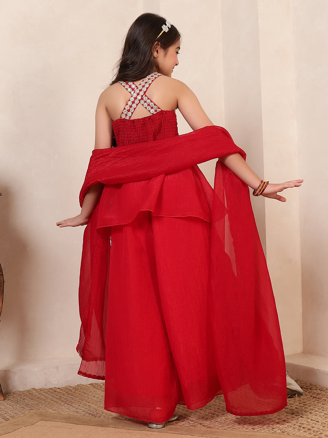 Red Shimmer Peplum Top & Palazzos With Dupatta Fusion Co-Ord Set