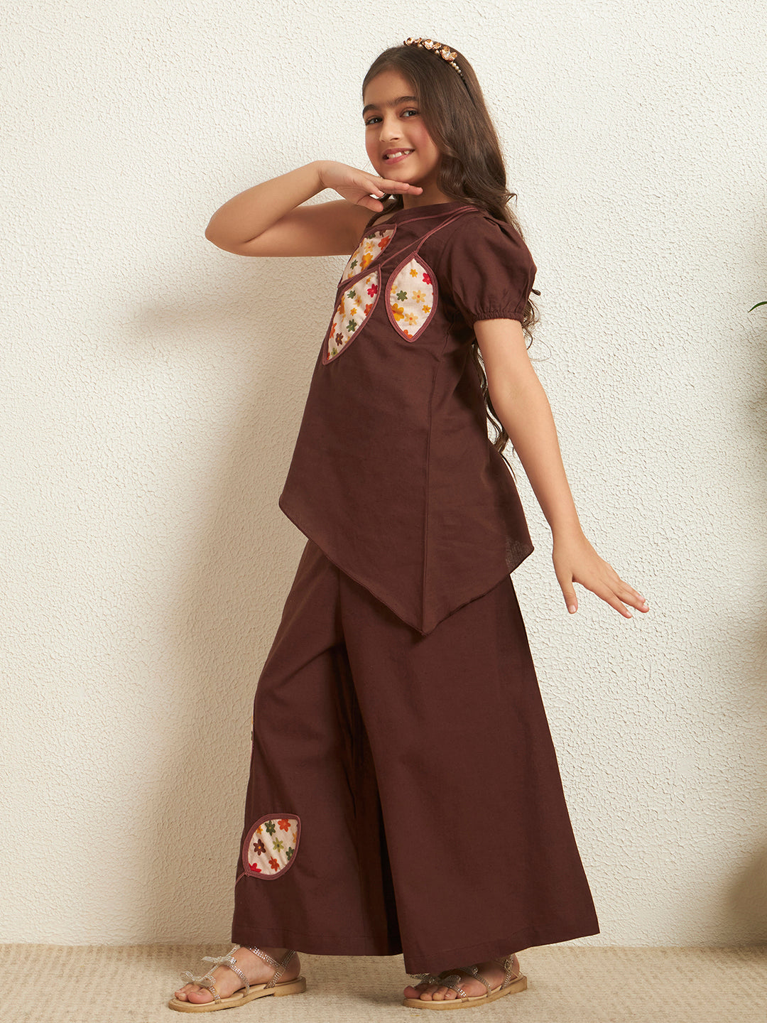 Brown Cotton Flex Solid One-Shoulder Patch Work Girls Co-Ord Set