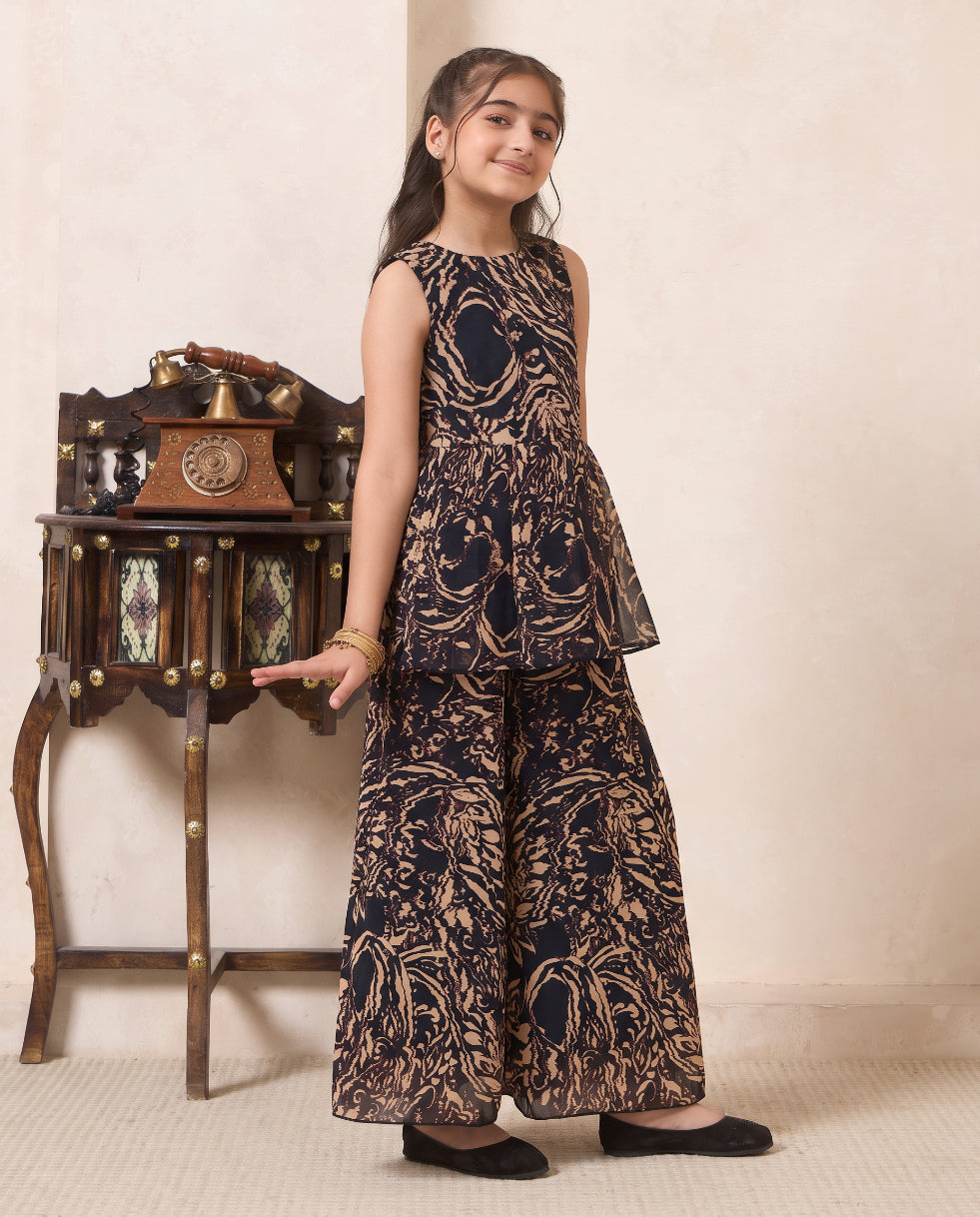 Girl's Black Abstract Print Chiffon Peplum Top & Palazzo Set