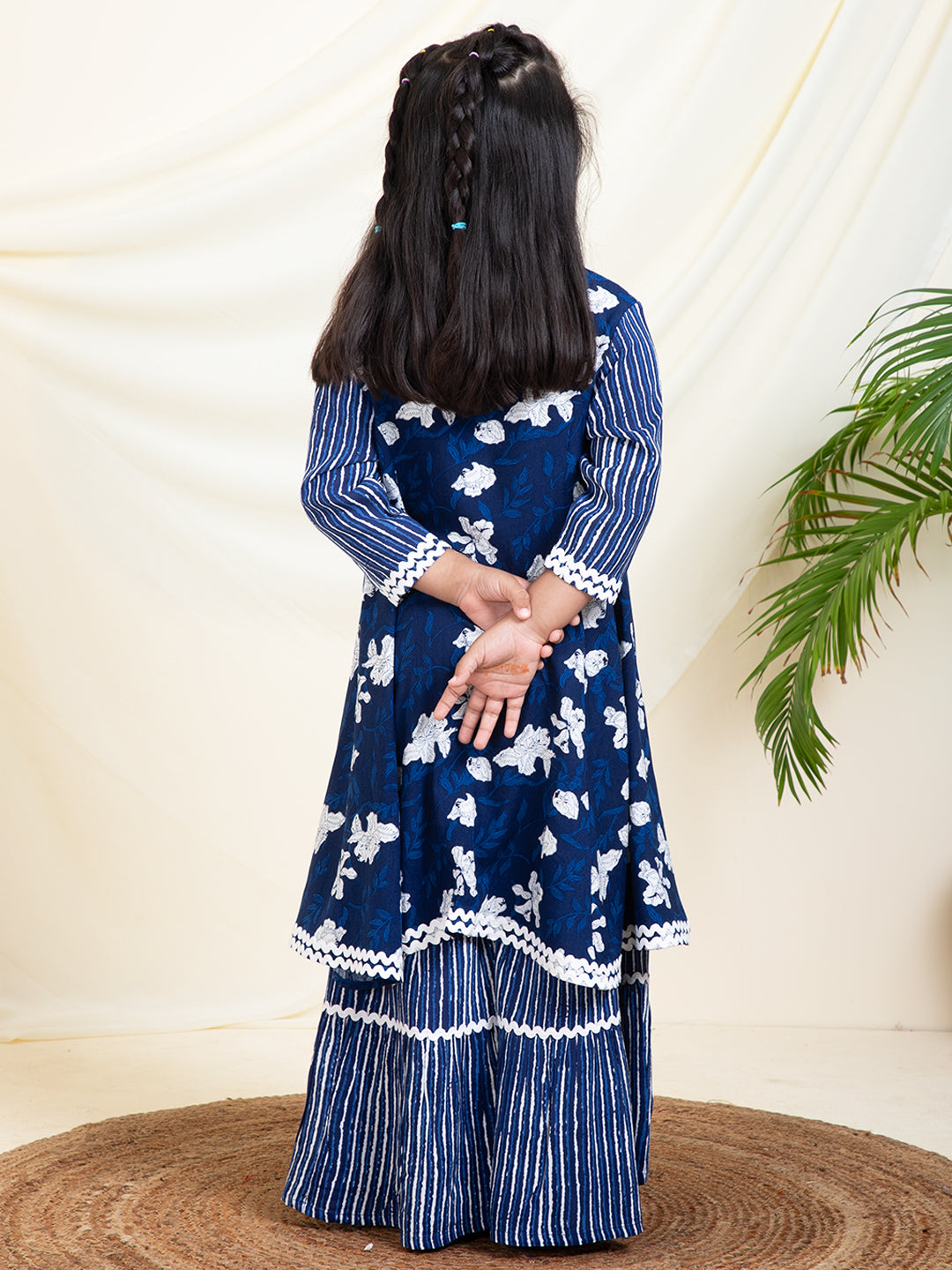 Stripes Print Top With Sharara & Floral Shrug