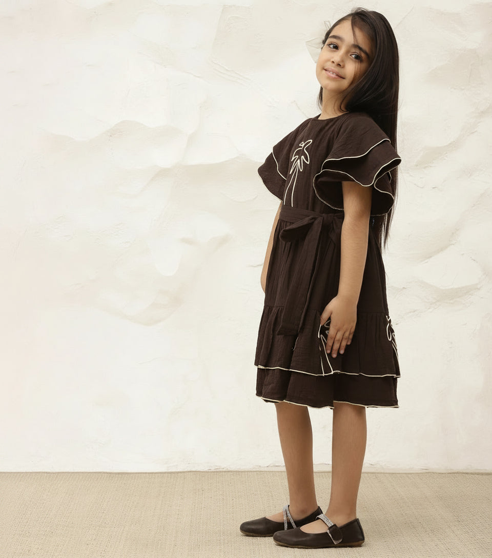 Embroidered Palm Motif Pure Cotton Dark Brown Dress For Girls