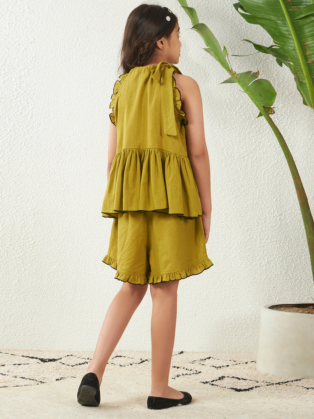 Olive Green Cotton Flex Halter Neck Top & Shorts