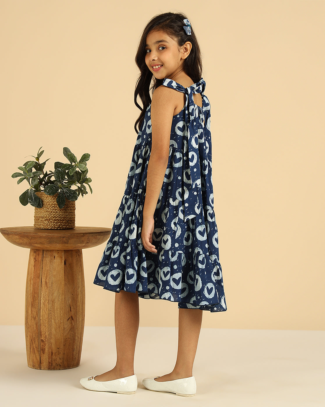 Pure Cotton Heart Print Tiered Girls Dress