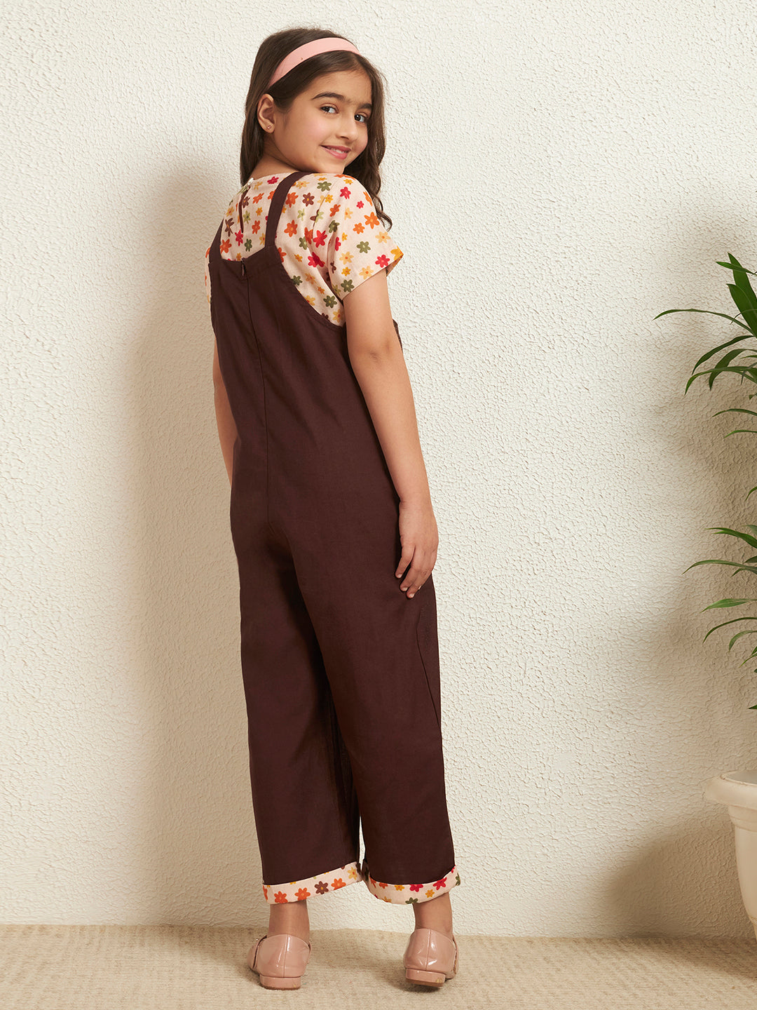 Brown Cotton Flex Solid With Floral Print Girl's Jumpsuit Set