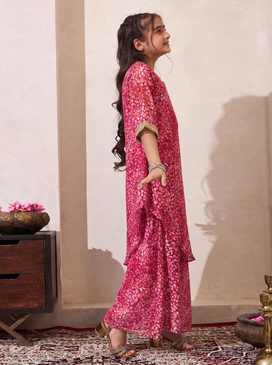 Pink Polka Chiffon One Shoulder Kurta With Palazzo