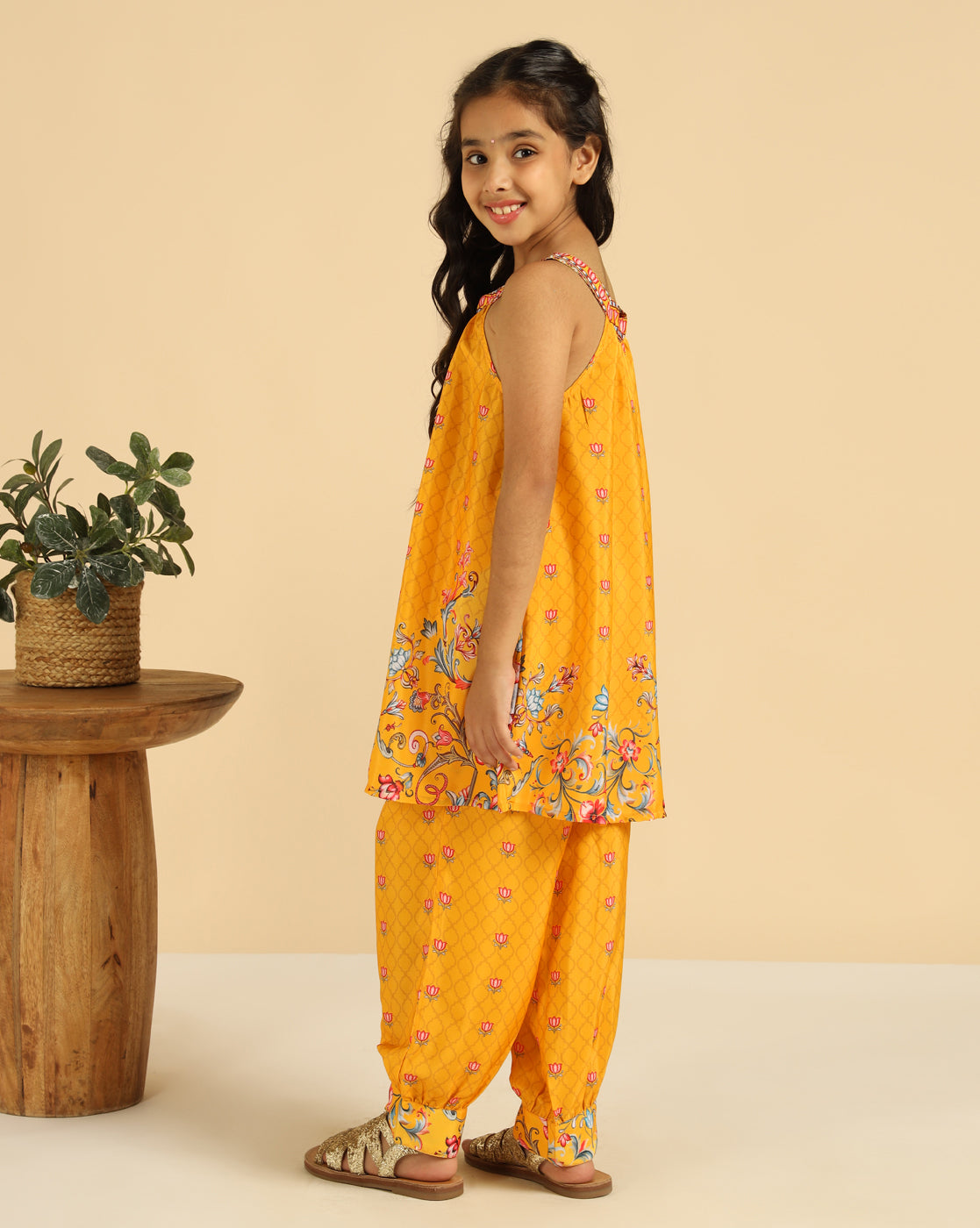 Yellow Halter Neck Top With Gathered Pant Indo Western Girls Co-Ord Set