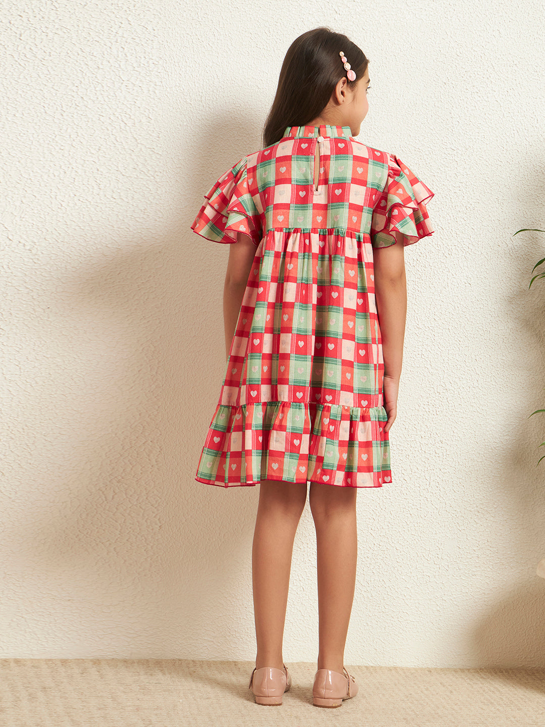 Girl's Multi Color Cotton Flex Check Print Knee Length Dress