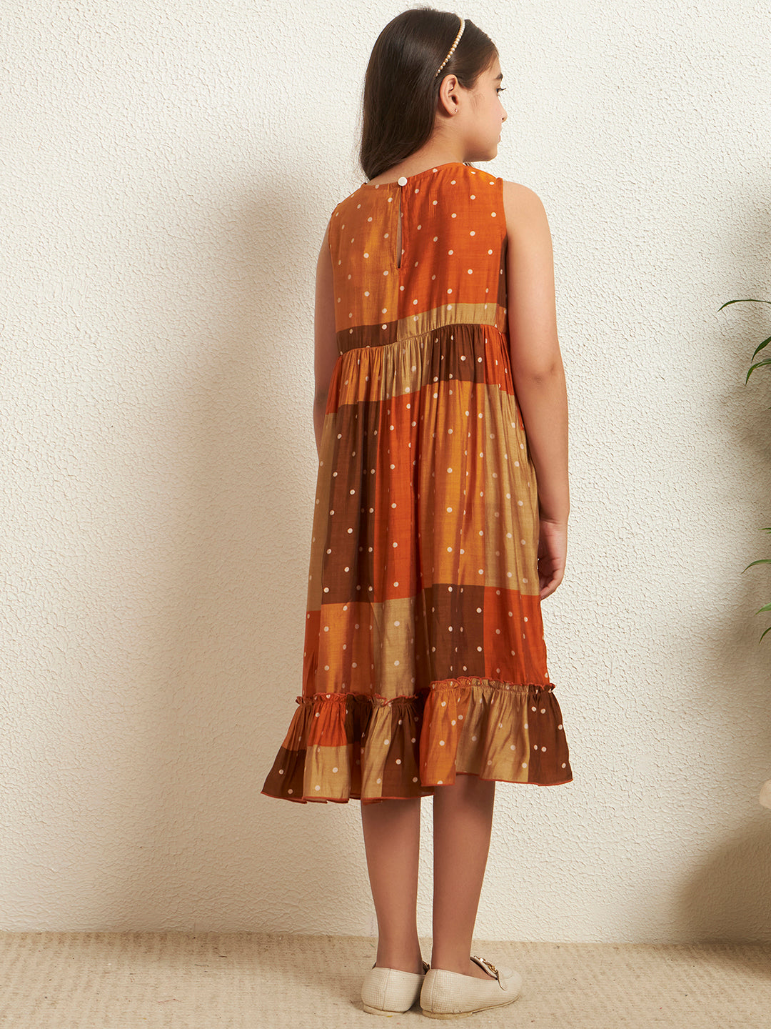 Girl's Multi Color Modal Chanderi Patch Print Tiered Dress