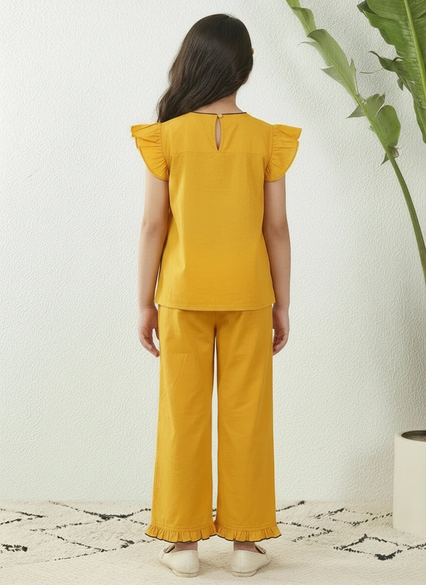 Girls Yellow Cotton Dori Work Top& Frill Pant Co-Ord Set