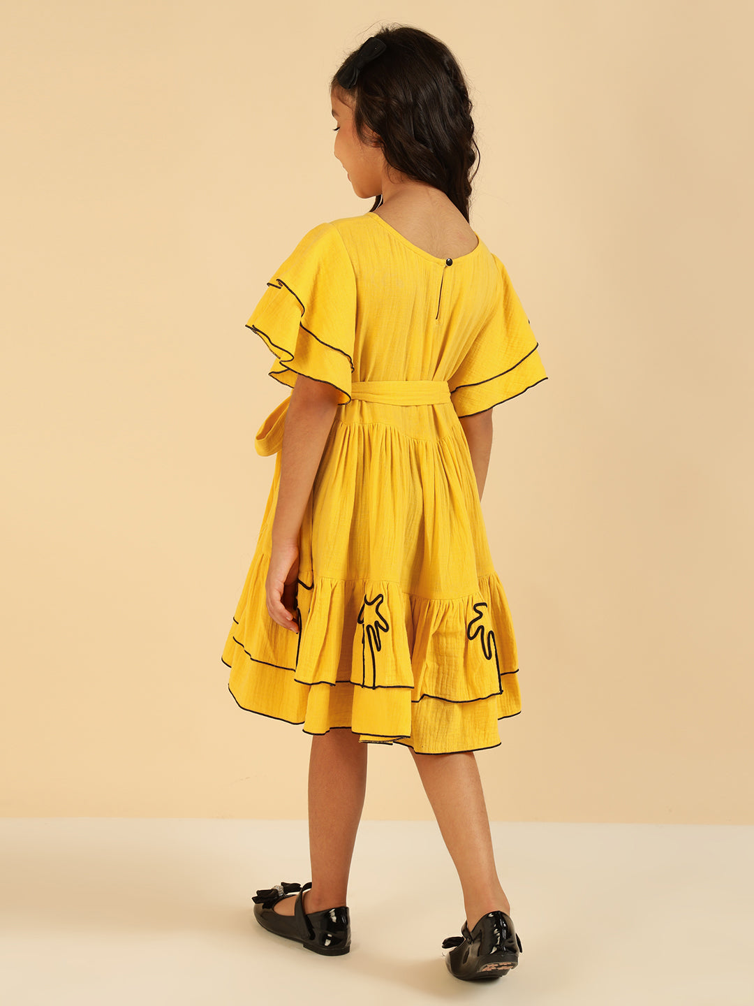 Yellow Embroidered Palm Motif Pure Cotton Gauze Girls Dress
