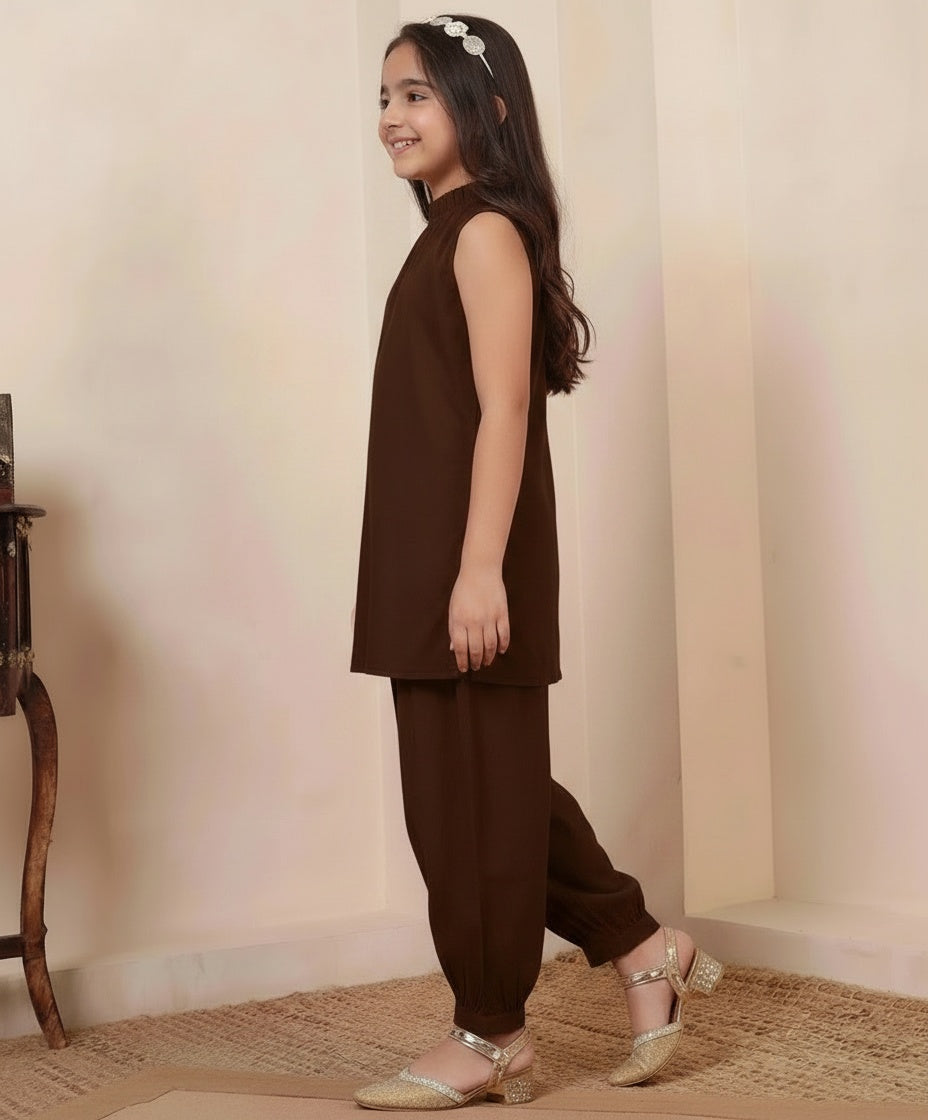 Dark Brown Cotton Kurta With Pant Girls Co-ord Set