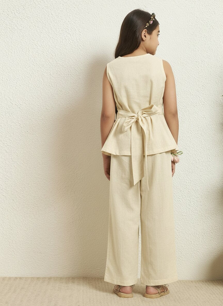 Girls Off White Cotton Blazer With Pant Co-Ord Set