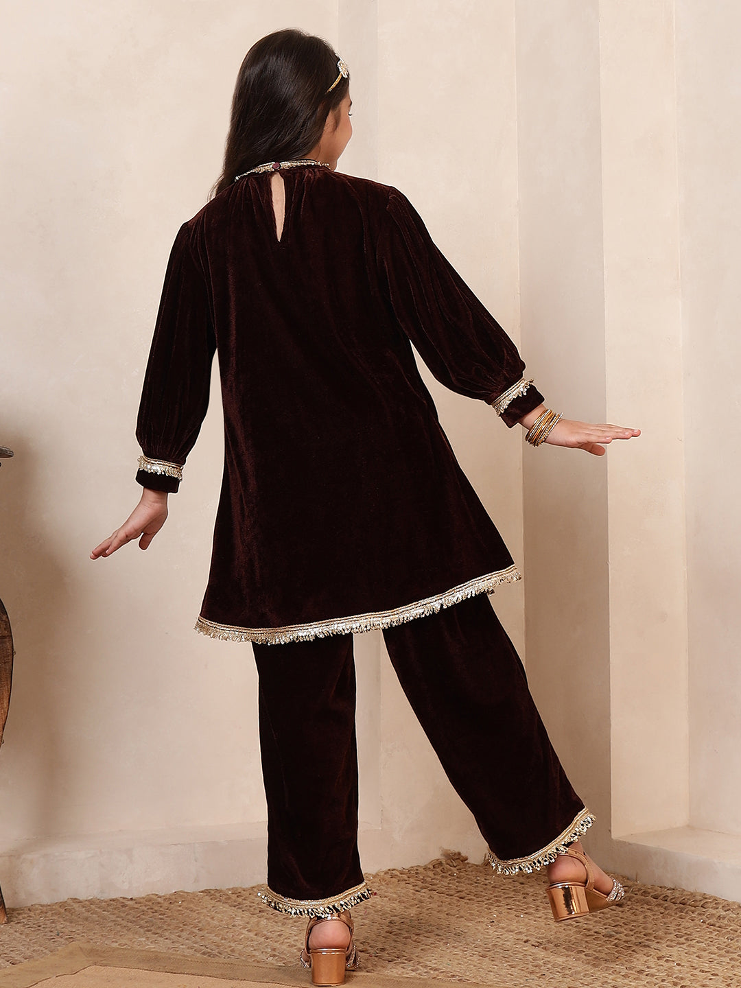Velvet Band Collar Kurta Set