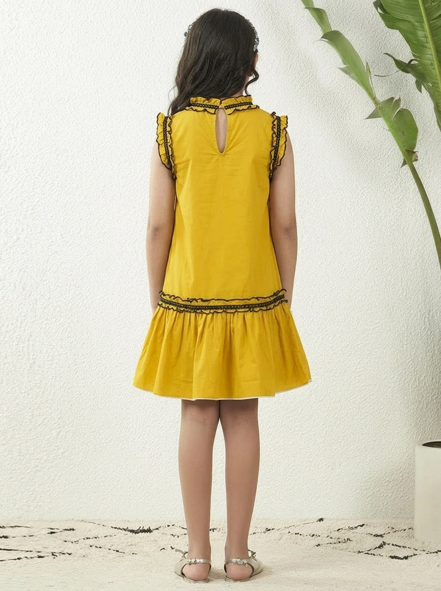 Yellow Cotton Poplin A-Line Above Knee Length Dress