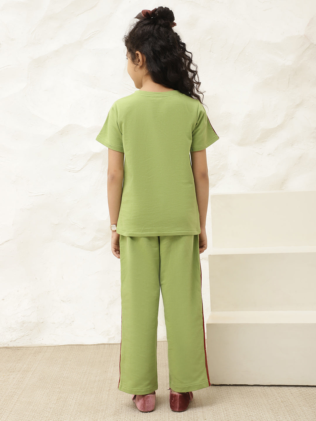 Green Pure Cotton Knit T-Shirt & Pants Co-Ord Set