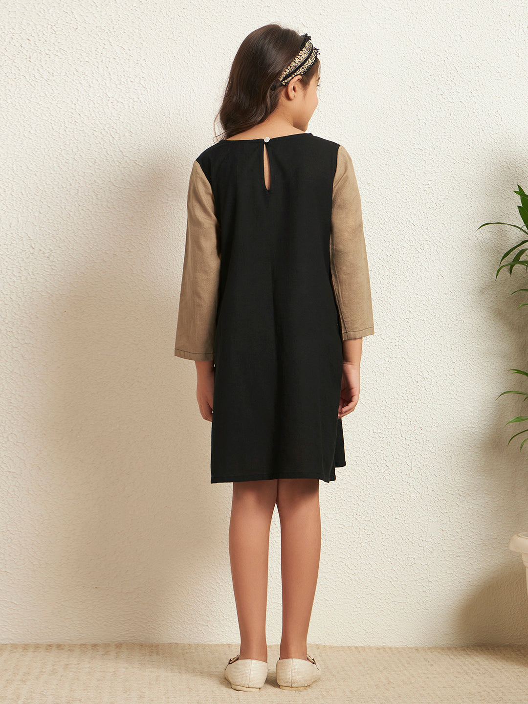 Girl's Black Cotton Flex Solid A-Line Style Dress