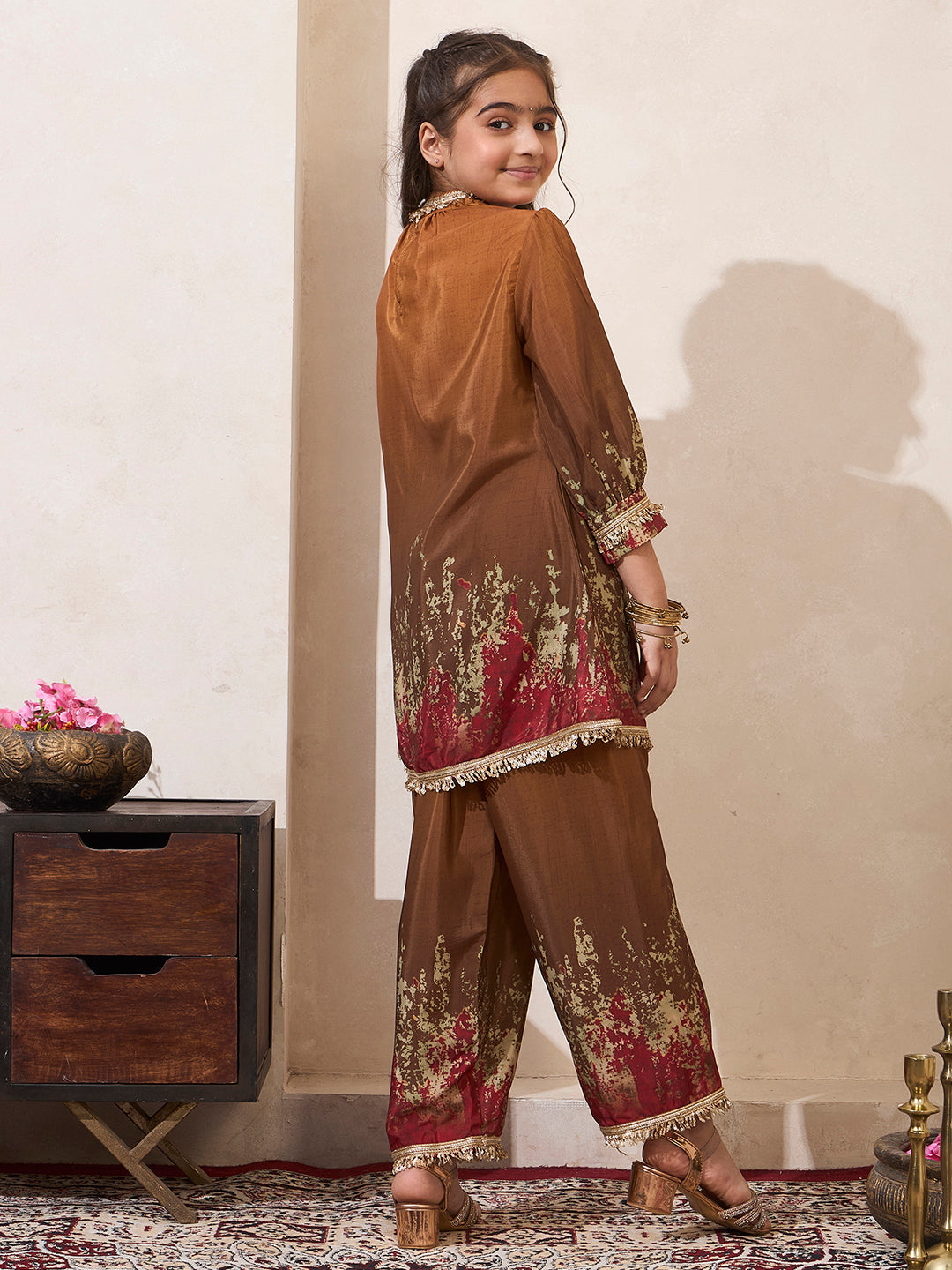 Tie-Dye Mustard Gathered Neck Kurta With Pant