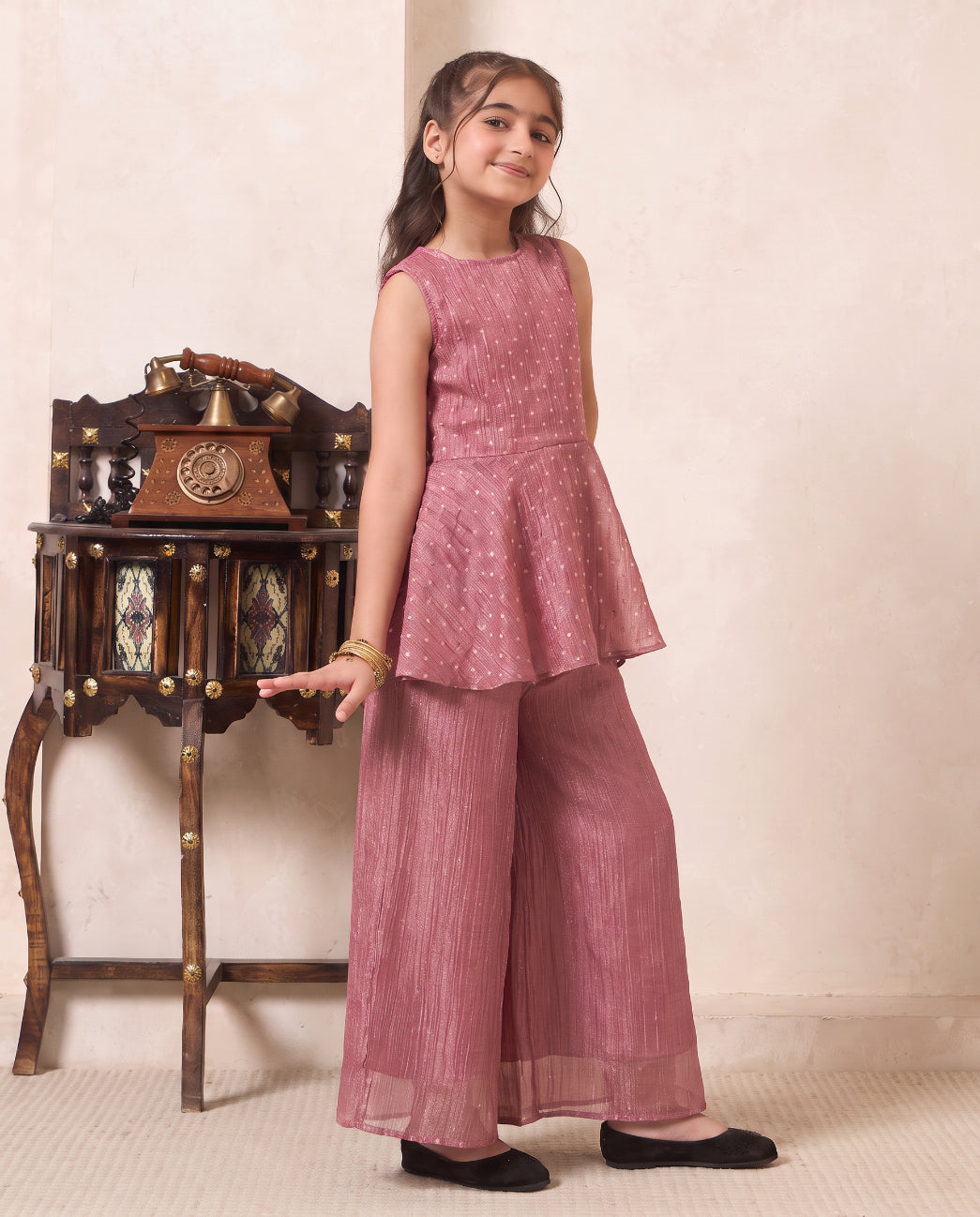 Girl's Solid Pink Shimmer Butta Peplum Top & Palazzo Set
