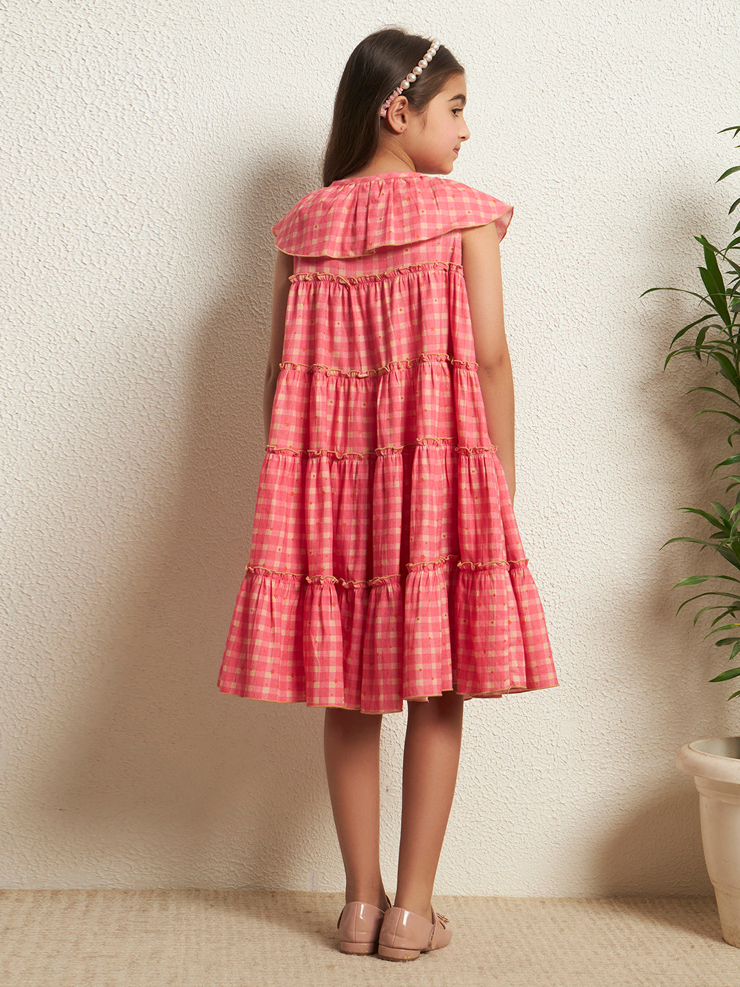 Girl's Carrot Pink Cotton Flex Check Print Shirt Style Tiered Dress