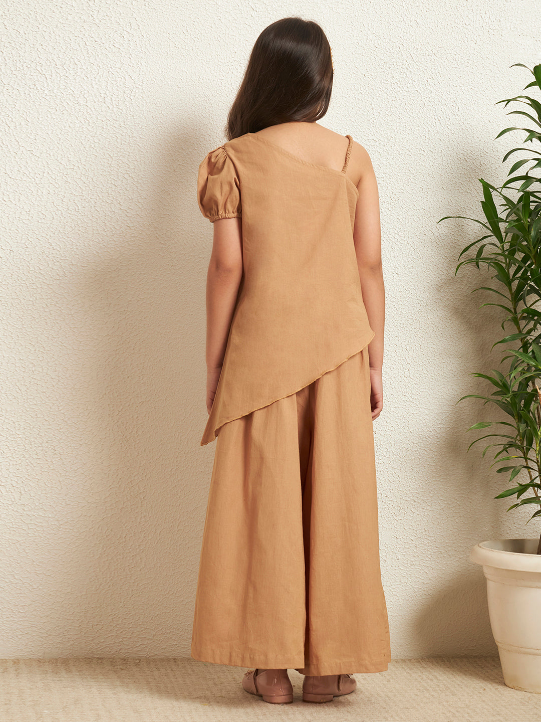 Beige Cotton Flex Solid One-Shoulder Patch Work Girls Co-Ord Set