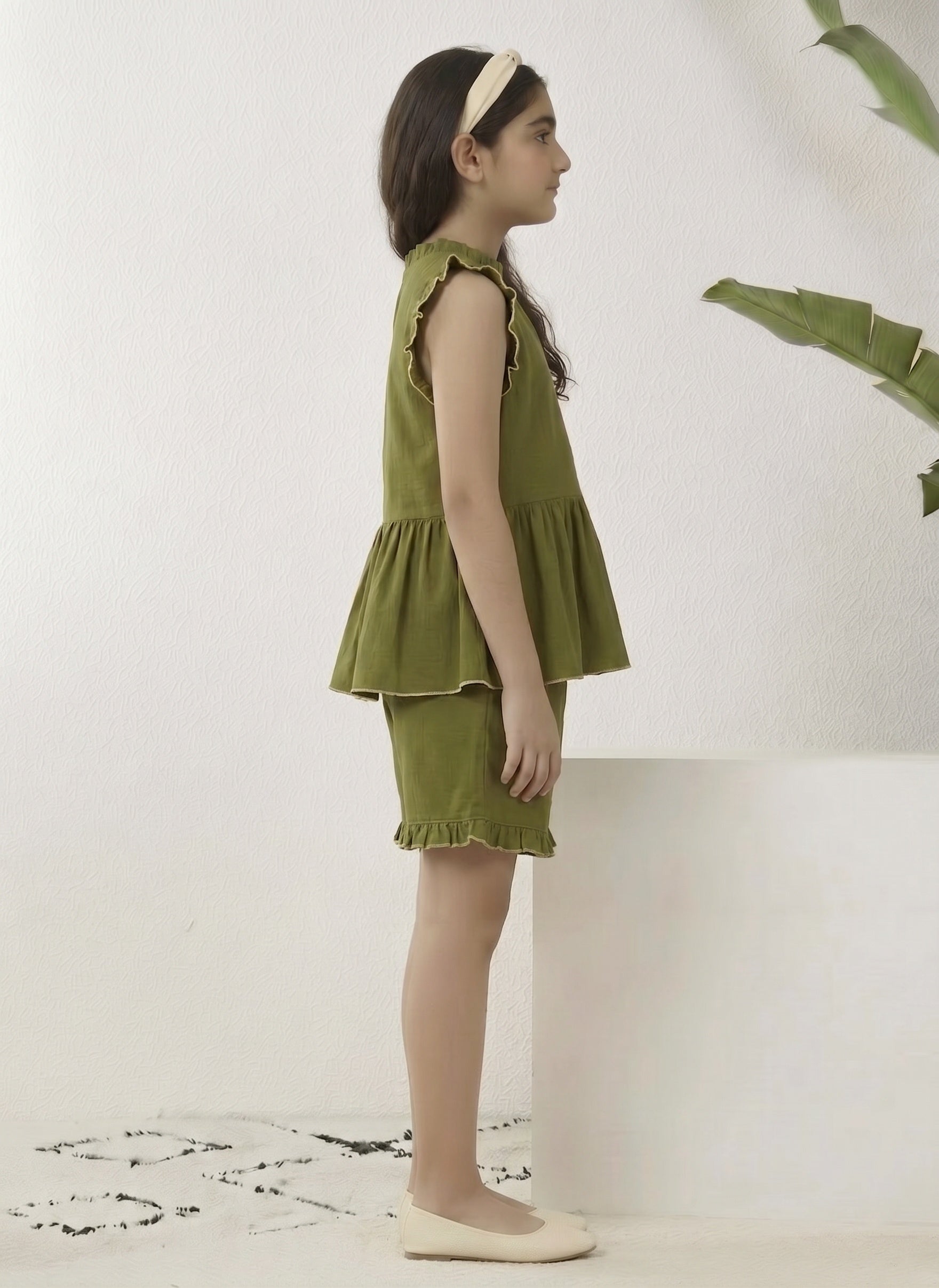 Olive Green Cotton Halter Neck Top With Short Co-ord Set