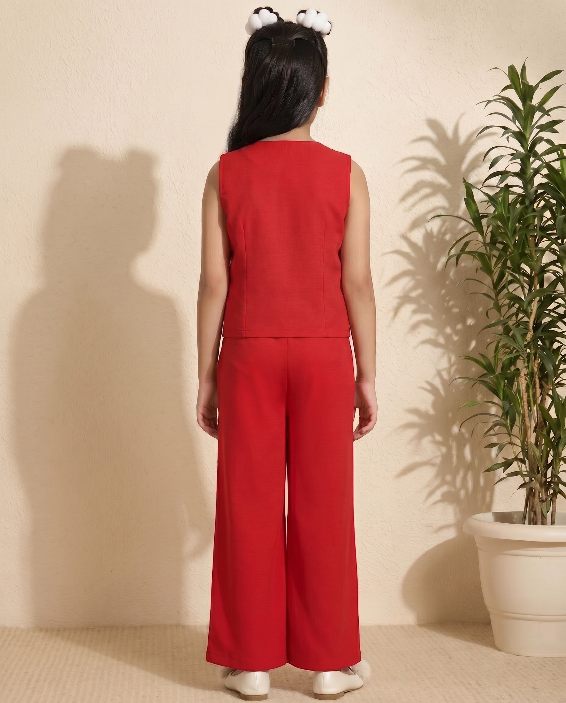 Red Cotton V-Neck Waist Coat With Palazzo Co-ord Set For Girls