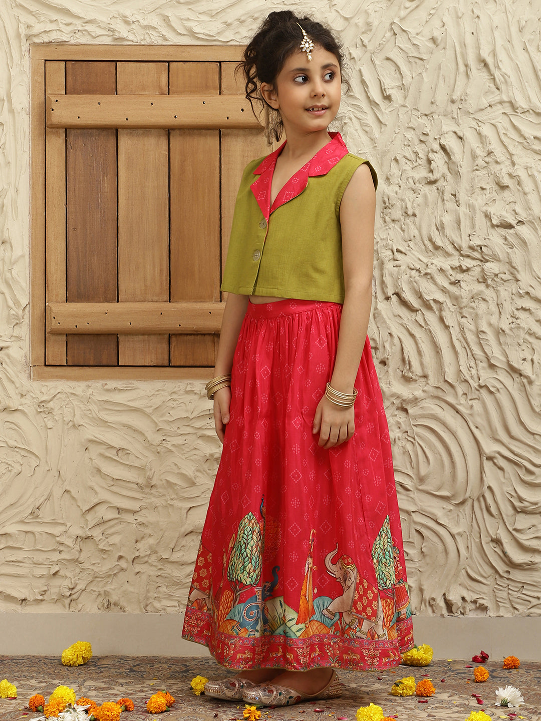 Solid Blazer With Printed Lehenga Set